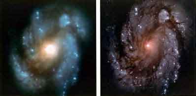 Изображение галактики М100 до и после компенсации аберраций