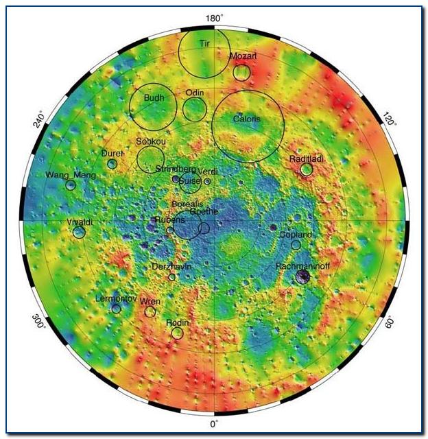 Топографическая модель северного полушария Меркурия по данным лазерного альтиметра MLA на борту аппарата Ме́ссерджер.