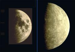 Меркурий (справа) в сравнении с Луной (слева) в одинаковом масштабе