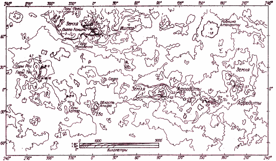 Топографическая карта Венеры, по данным радио-высотомера орбитального аппарата «Пионер-Венера»