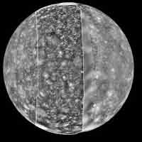 Изображение Каллисто, составленное из трёх фото, полученных Вояджером-1, Галилео и Вояджером-2