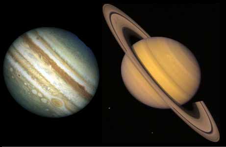 Сравнительные размеры планет-гигантов Сатурна и Юпитера
