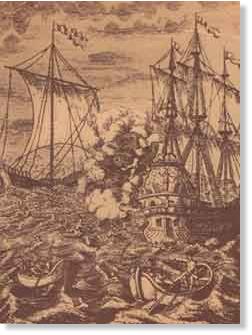 Потопление пиратами испанского корабля. Старинная гравюра.
