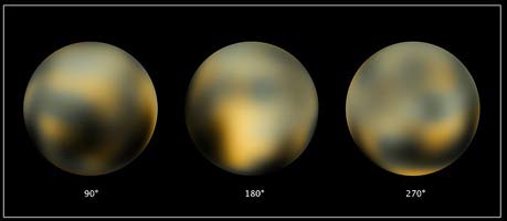 Три вида Плутона. Фото поверхности реконструировано на основе снимков телескопа Хаббл.