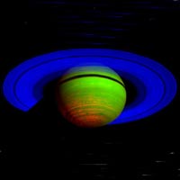 Ко́льца и южная полусфера Сатурна в условных цветах