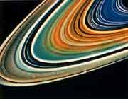 Ко́льца Сатурна в условных тонах. Фото Вояджера-2